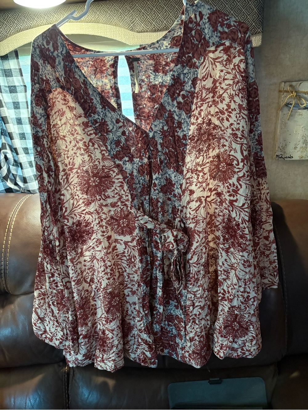 Women’s Floral Tie-Front Blouse - Burgundy and Cream